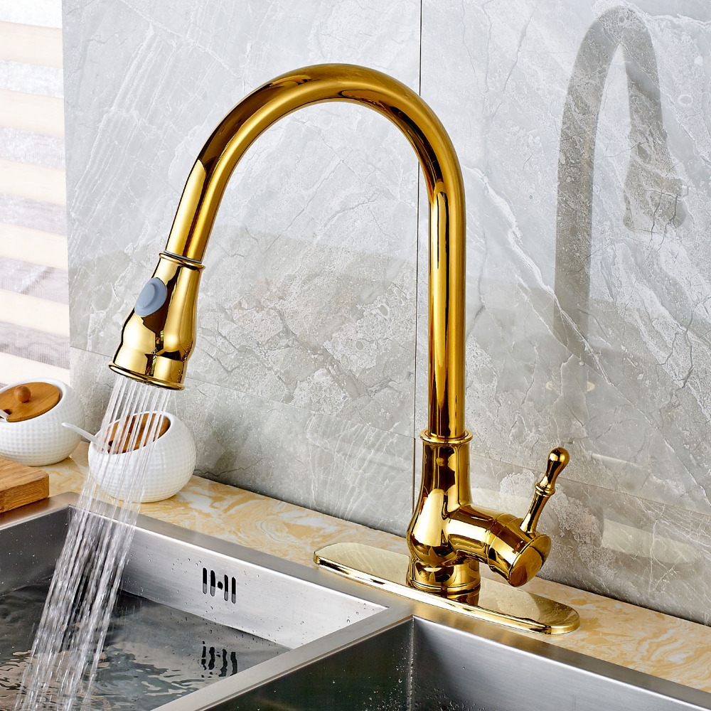 Ceramic Gold Deck Mounted Pull Out Kitchen Sink Faucet