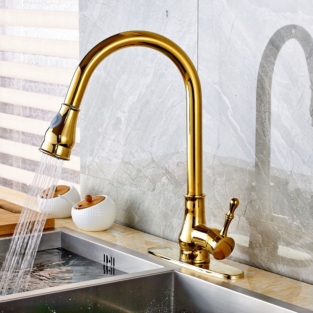 Ceramic Gold Deck Mounted Pull Out Kitchen Sink Faucet