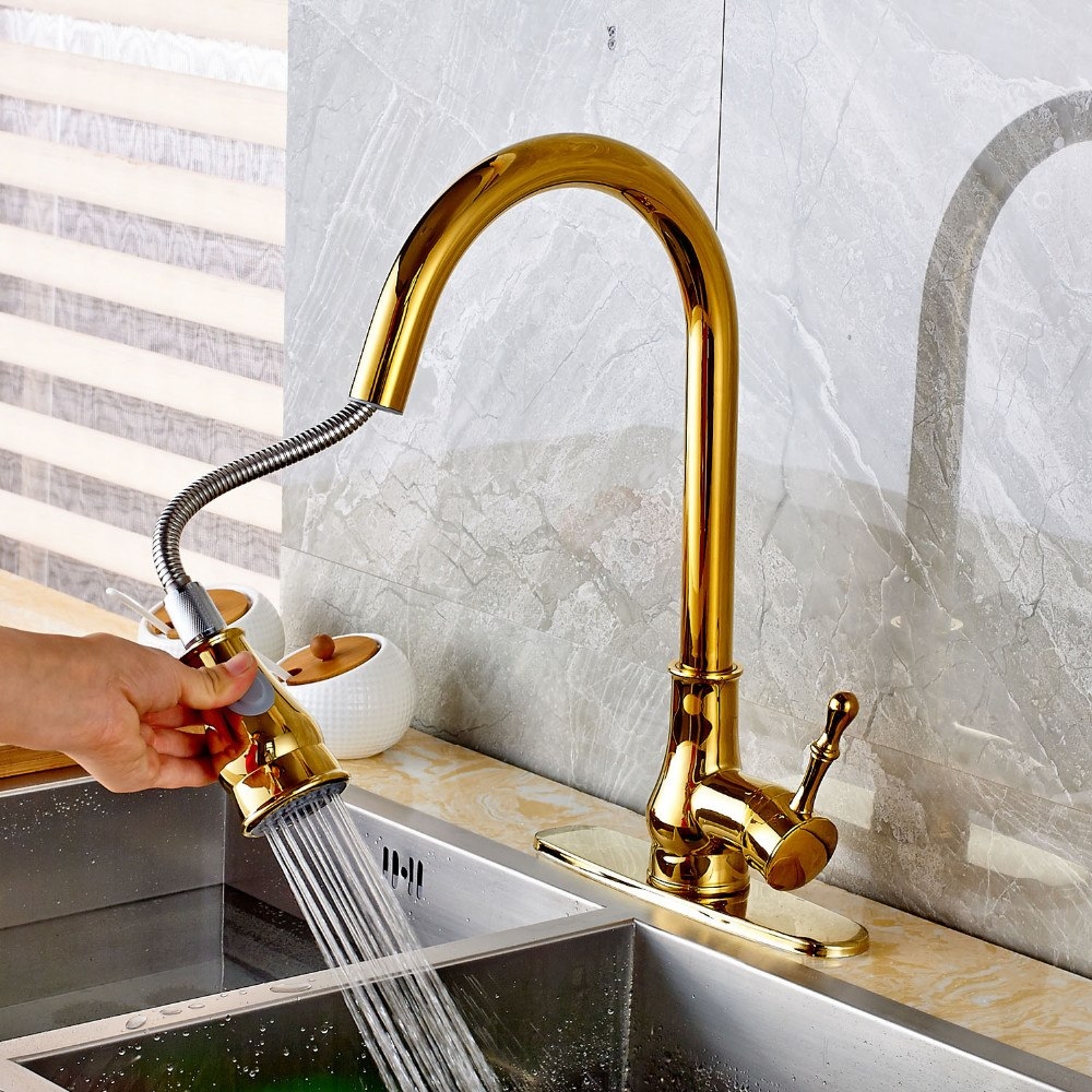 Ceramic Gold Deck Mounted Pull Out Kitchen Sink Faucet