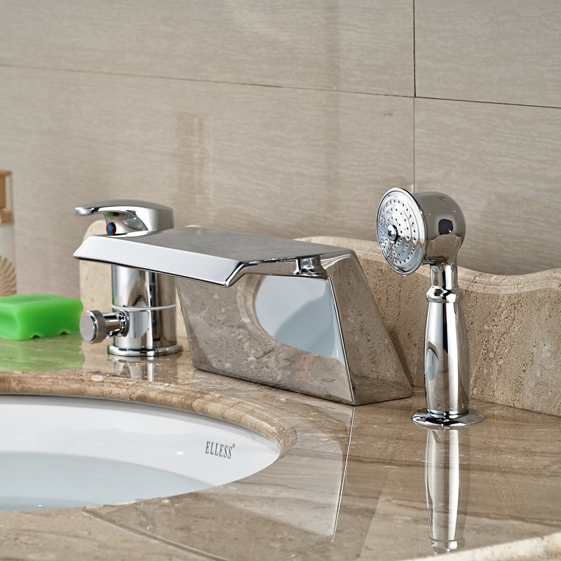 Ceramic Valve Waterfall Chrome Bathtub Faucet with Hand Shower