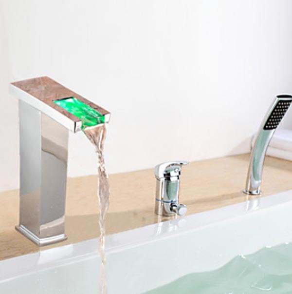 Chrome Finish LED Waterfall Bath-Tub Faucet with Handheld Shower