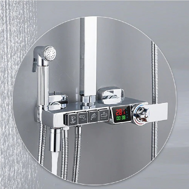 Juno Modern Chrome Finish Digital Display Thermostatic Shower Set With Four Shower Gear Booster Nozzle