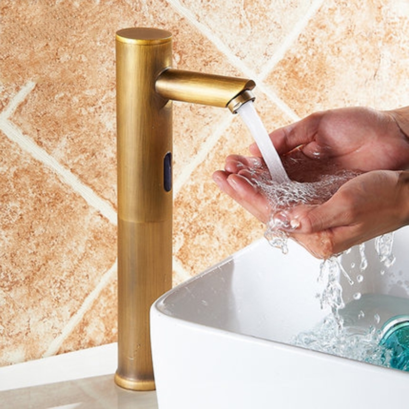 Brass golden automatic sensor faucet tap deck-mounted bathroom gold auto smart touch-free cold water basin tap 