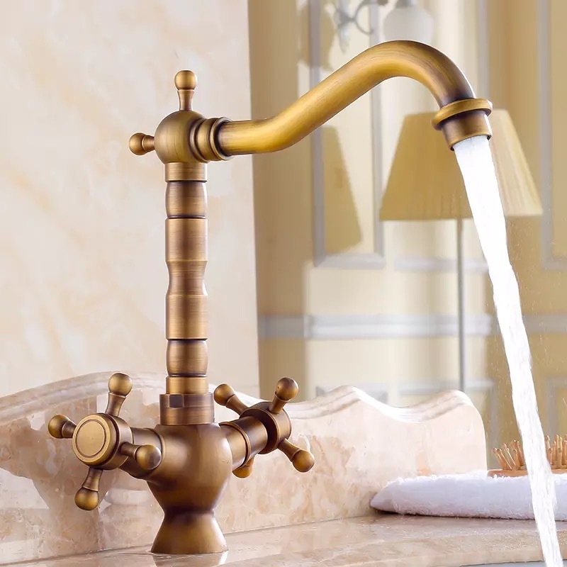 Classic Antique Brass Dual Handle Bathroom Sink Faucet