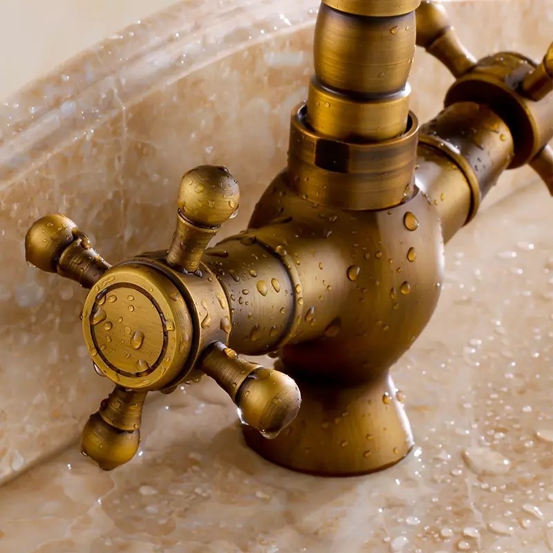 Classic Antique Brass Dual Handle Bathroom Sink Faucet