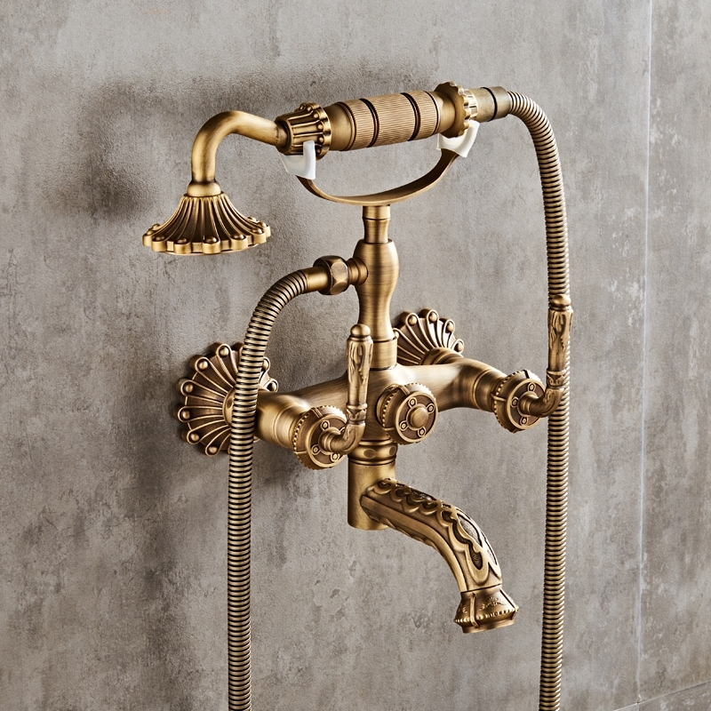 Classic Antique Brass Wall Mount bathroom Faucet with Hand Held Shower