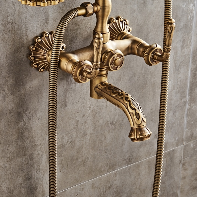 Classic Antique Brass Wall Mount Bathroom Faucet with Hand Held Shower 