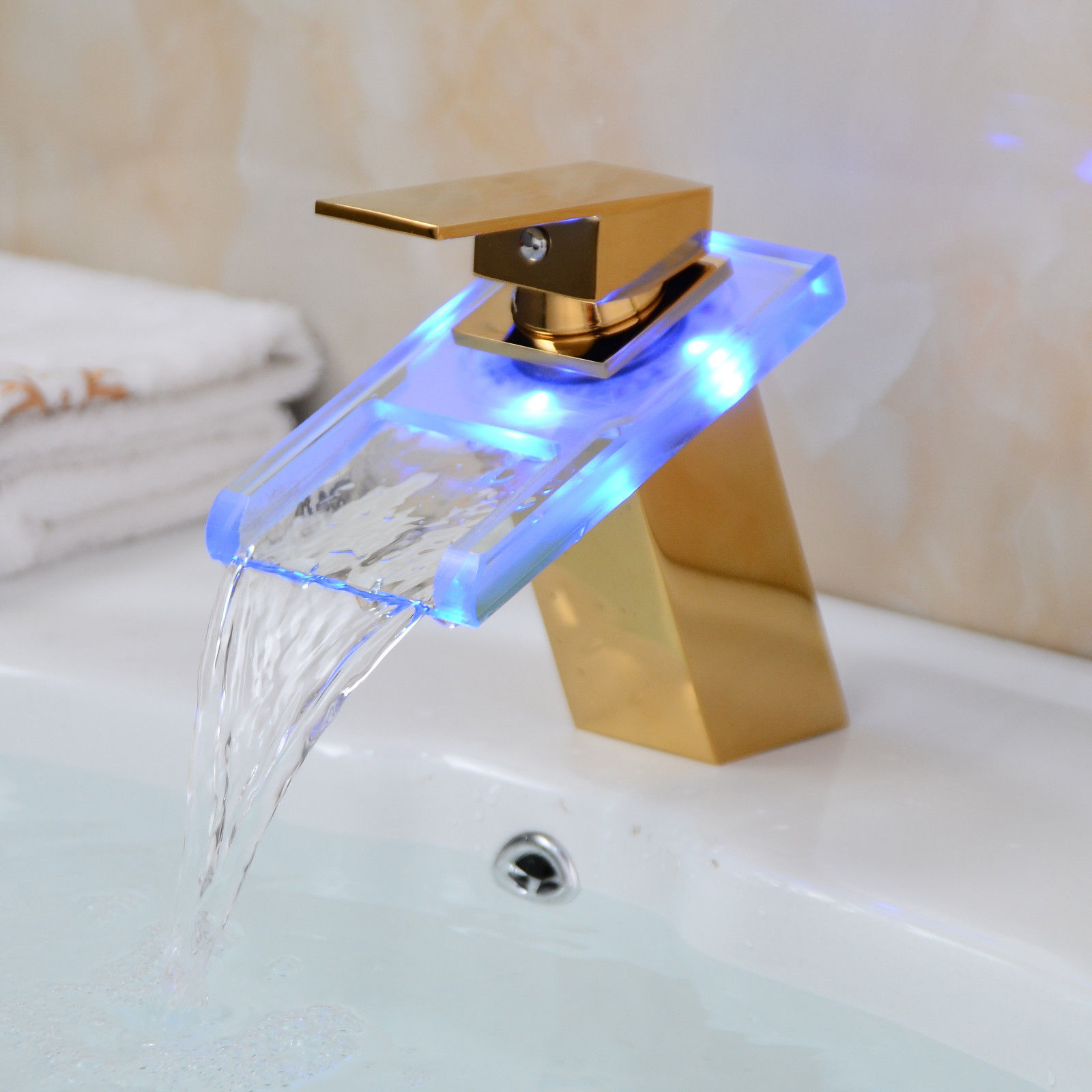 LED Bathroom Sink Faucet Waterfall Water Flow Gold  One Hole/Handle Tap 