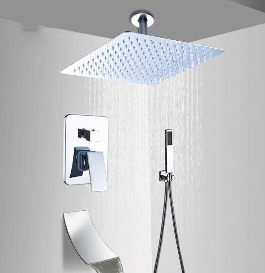 Contemporary Chrome Rainfall Shower Head with Hand-Held Shower & Faucet