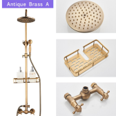 Juno Combo Antique Brass Shower Faucet Set with Commodity Shelf