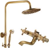 Juno Antique Bronze Shower Head Round Brass with Hand Held Shower & Antique Bathroom Faucet 