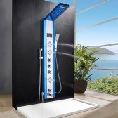 Juno Multi Function Blue Bathroom LED Shower Panel with Tub Spout and Thermostatic Massage Jets