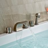Juno Monora Brushed Nickel Waterfall Tub Faucet Three Handles With Handheld shower