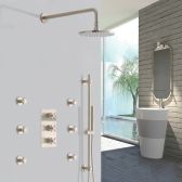 Juno Cali Thermostatic Wall Mount Shower System With Six Body Jets in Brushed Nickel