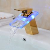 Juno Color Changing LED Waterfall Gold Finish Bathroom Sink Faucet with Glass Spout