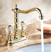 Juno Crystal Dual Handle Long Neck Deck Mount Bathroom & Kitchen Sink Faucet in Gold Faucet