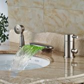 Juno Curve Wide Brushed Nickel Deck Single Handle LED Waterfall with Hand-Held Shower  