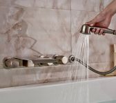 Juno Modern Design Wall Mount Brushed Nickel Waterfall Tub Mixer Tap with Brass Handheld Shower