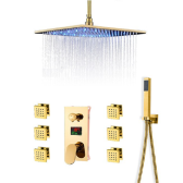 New Gold Finish LED Rain Shower Head With 6 Body Massage Shower Jets & Hand Shower