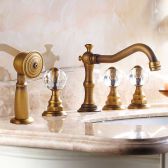 Juno Raelynn Bath Tub Widespread Faucet With 3 Crystal Handles 5pcs Shower Faucet In Antique Brass With Spray Shower