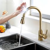 Gold Finish Touch Kitchen Sensor Faucet With Pull Down Sprayer