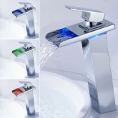 Juno 46CM Chrome Finish Brass Body Waterfall LED Bathroom Sink Faucet