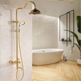 Juno Ceramic Wall Mount Single Handle Gold Bathroom Shower with Hand-Held Shower