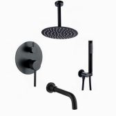Juno New Matte Black Ceiling Mount Round Shower Head with Black Tub Spout