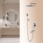 Juno Square Chrome Wall Mount Rain Shower Head With Mixer And Handheld Shower