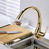 Juno Natalie Gold Kitchen Sink Faucet Deck Mounted Single Handle Swivel Water Outlet Pull Out Spout
