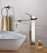 Juno Square Brushed Nickel Deck Mount Waterfall Bathroom Vessel Sink Faucet