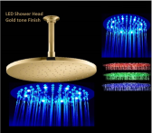 Juno Stainless Steel Gold Tone Round Ceiling Mount LED Rain Shower Head