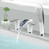 Juno Stylish White & Chrome Waterfall Deck Mount Bathtub Faucet with Handheld Arm Shower 