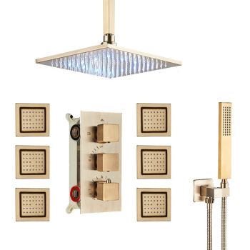 Juno Brushed Gold LED Rain Shower Head Square Thermostatic Shower Mixer