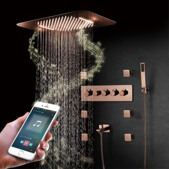 5 Knobs Rose Gold Music Shower Systems LED Light Remote Control