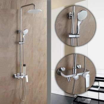 Juno Modern White & Chrome  Adjustable Shower Bar with Single Handle 3 Way Shower Mixer Faucet Set