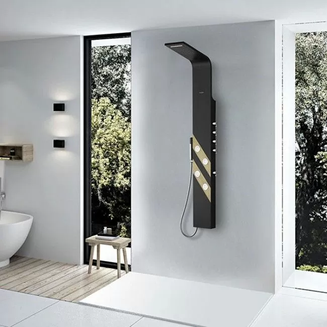 4-in-1, 2-Jet Shower Panel Tower System With LED LED Rainfall Waterfall Shower Head, And Massage Body Jets In Black