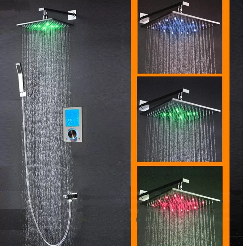 Juno Color Changing LED Shower Head Set With Wall Mount Digital Display Temperature Controller