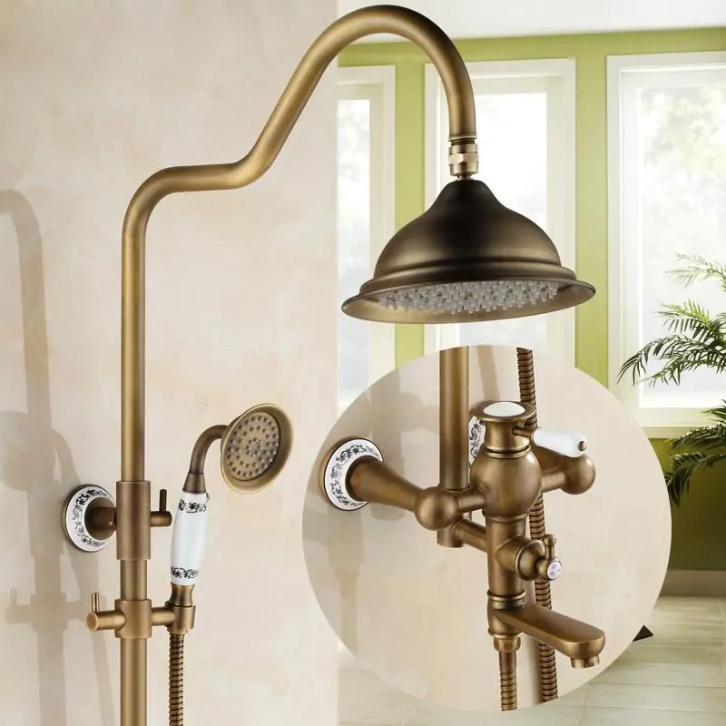 Juno Classic Hook Polished Brass Shower Head Extension Arm With Handheld Shower With Mixer and Tub Spout