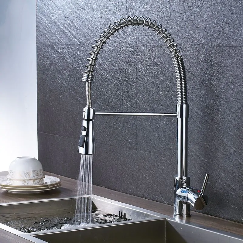 Modern Chrome Finish Pull Out Spring Kitchen Faucet Rotating Spout Sink Mixer Tap Modern Chrome Finish Pull Out Spring Kitchen Faucet Rotating Spout Sink Mixer Tap
