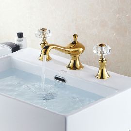 Beautiful Golden Deck Mounted Crystal Handle Bathroom Mixer Faucet 