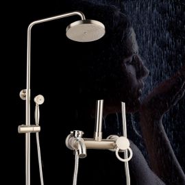 Juno 8 Inch Brushed Nickel Wall Mount 3 Function Rain Shower Head Handheld Spray Bathroom Shower Set