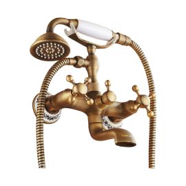 Antique Brass Dual Cross Handles Bathtub Faucet with Handheld Shower Head