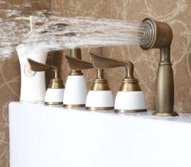 Antique Brass Finish Deck Mount Bathtub Faucet with Handheld shower Spray