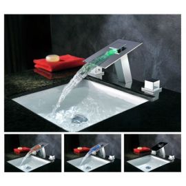 Silver Tone Brass LED Bathroom Sink Waterfall Faucet Tap Heating Bathroom Taps