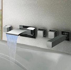 Beautiful Square Handle LED Widespread Bathroom Bathtub Faucet with Hand Held Shower 