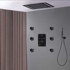 Luxury Large Black Built-in Rain Shower Set With Body Hydromassage Jets & Thermostat Smart Mixer