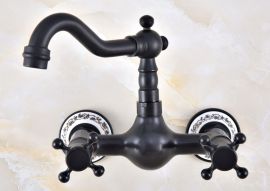 Juno Contemporary Black Brass Short Swivel Wall Mount Dual Cross Handles Kitchen Sink Faucet