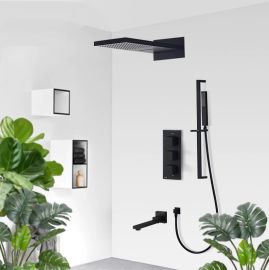 JUNO Matte Black Thermostatic Shower Faucet Rain & Waterfall Shower With Slide Bar 4-way Thermostatic Mixer Swivel Spout Shower