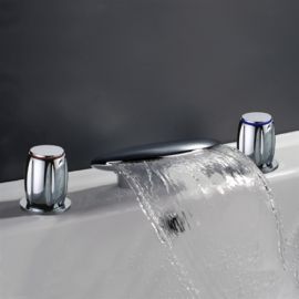 Round Dual Handle Deck Mounted Chrome Widespread Waterfall Bathtub Faucet